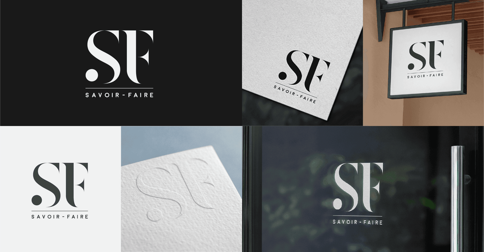 Savoir-Faire identity system: monogram, signage, and embossed stationery